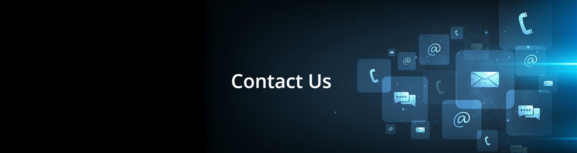 a vector image of varying communication symbols in various shades of blue with overlaid text saying, 'Contact Us'